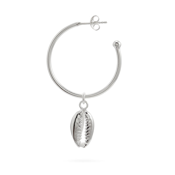 LE GRAND BLEU COLLECTION COWRIE SHELL HOOPS Ø3CM HOOP EARRINGS with 1.4CM COWRIE SHELL PENDANT EACH SIDE SOLD AS MIRRORED PAIR COWRIE SHELL PENDANT MADE FROM A MOULD OF A REAL COWRIE SHELL 925 RECYCLED STERLING SILVER HANDMADE IN BALI
