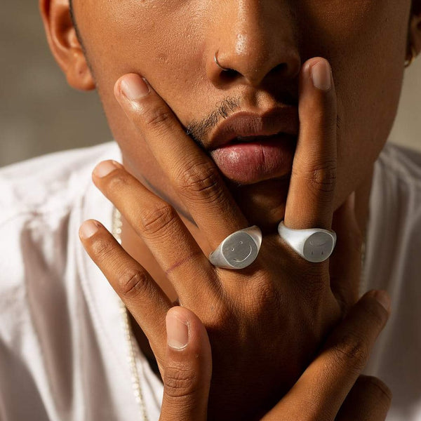 ANDHIM X VIKA JEWELS our new joint creation A smiley signet ring for any finger "happy face" handmade in Bali 925 recycled sterling silver matt finishing unisex